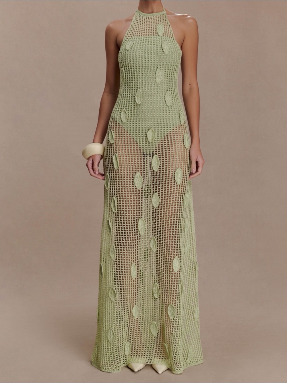 Meshki Light Green Crochet Halter Maxi Dress